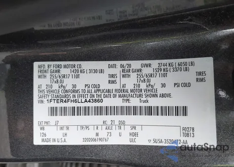 2020 Ford Ranger Xl/Xlt/Lariat z USA, uszkodzony, nr VIN 1FTER4FH6LLA43860